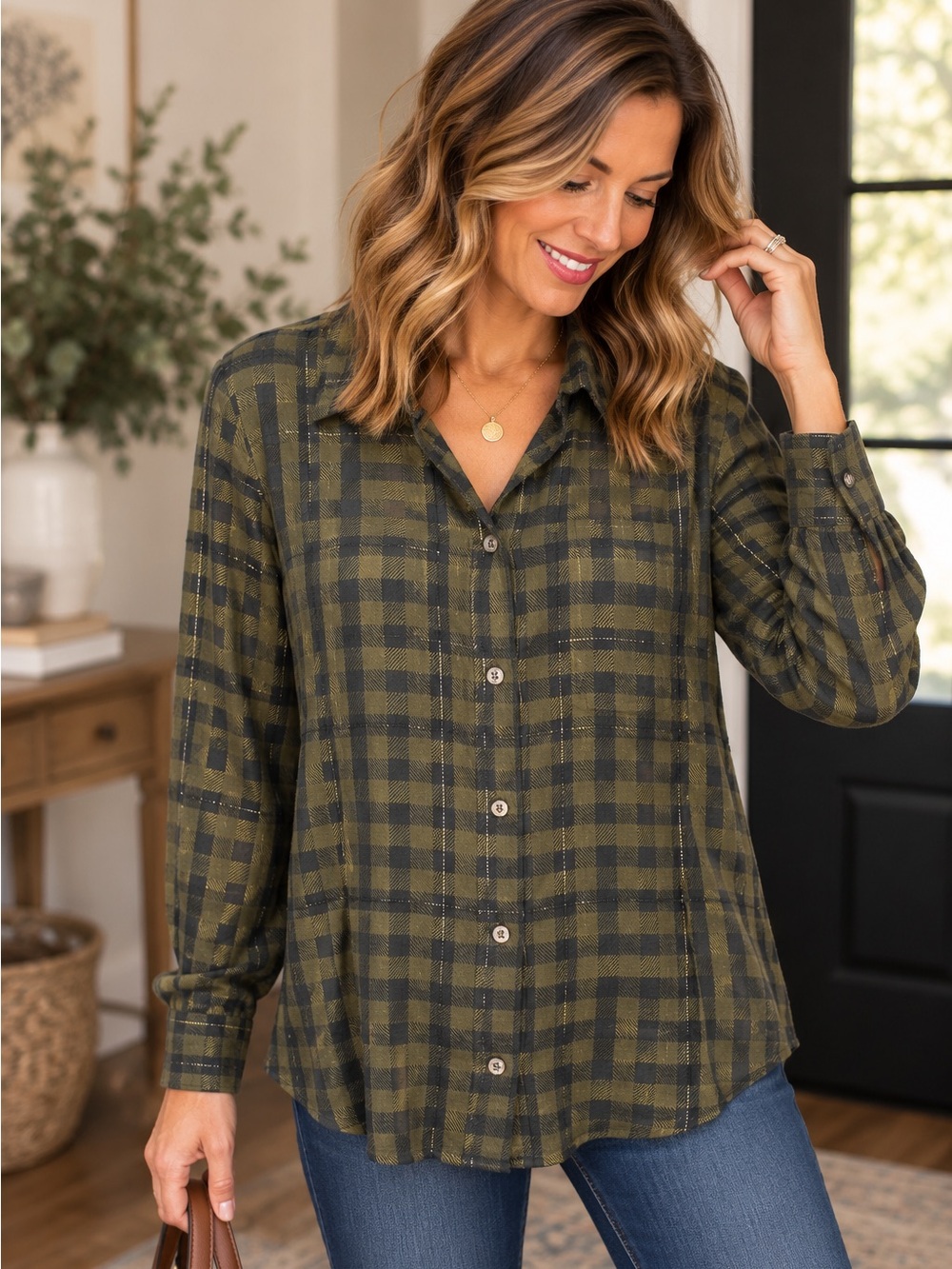 a.n.a Olive and Black Plaid Button-Down Shirt